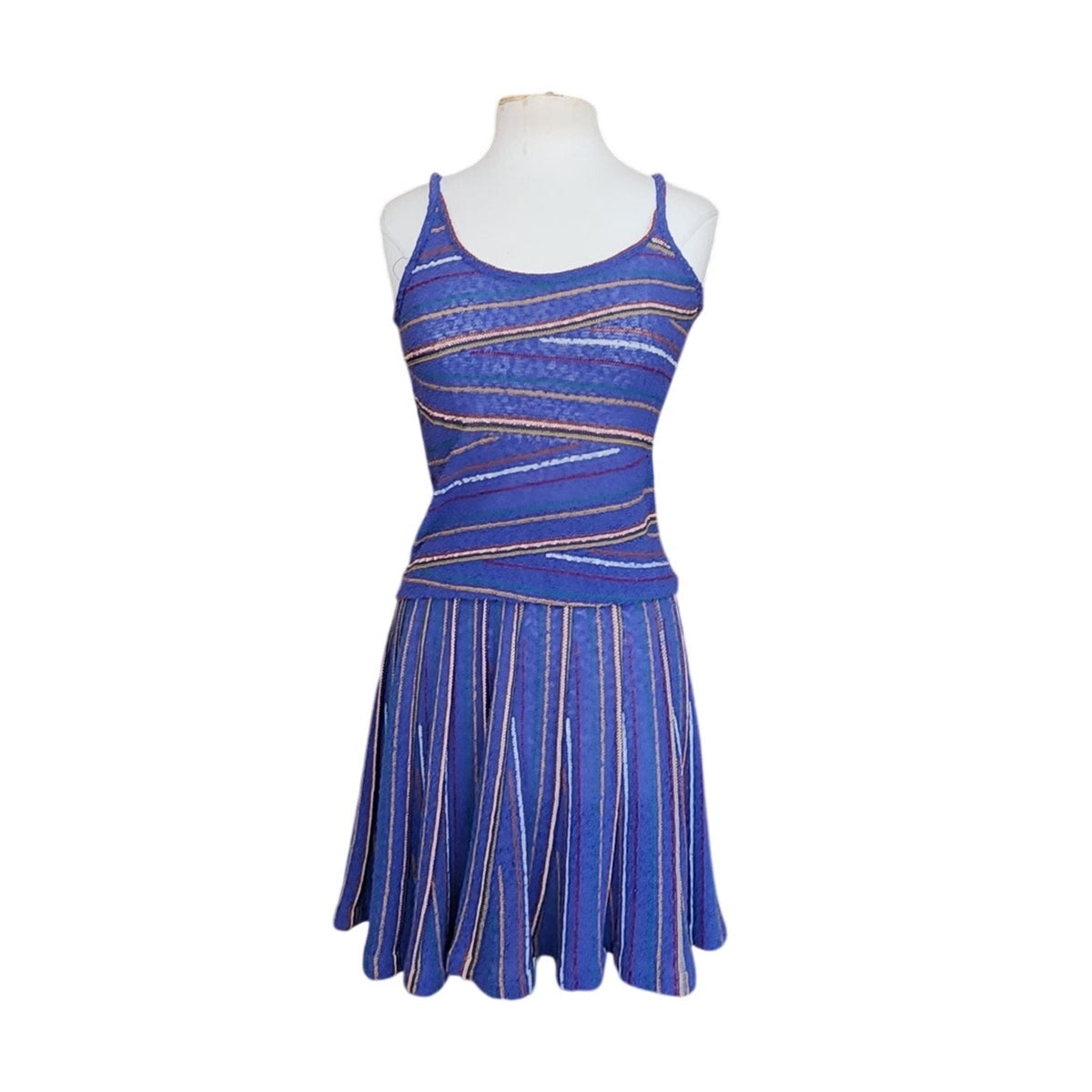 Vintage 1980s Missoni Set Knit Camisole Top Pleated Skirt Blue Stripe I Magnin