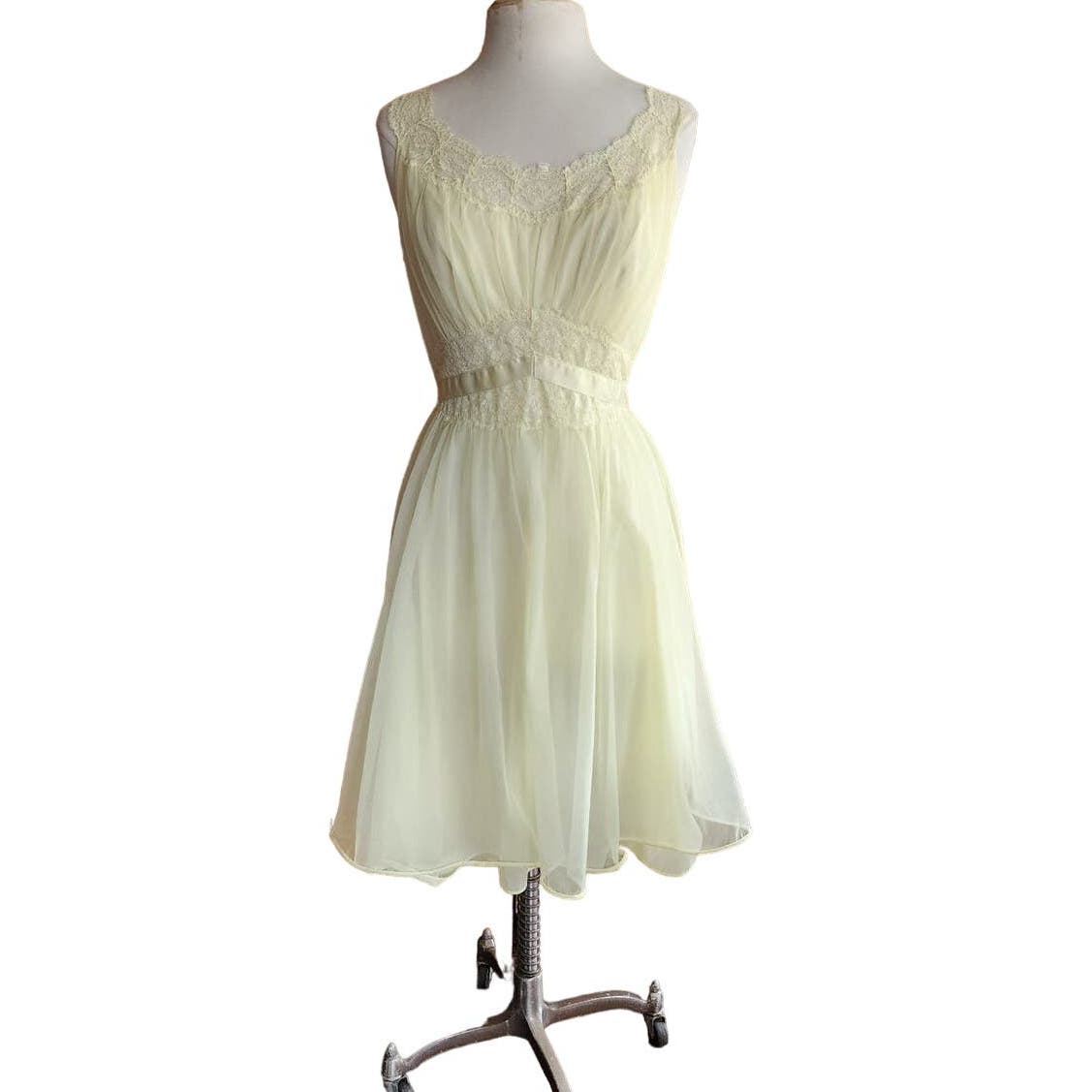 Vintage 50s Yellow Slip Dress 38 Nylon Lace Vanity Fair