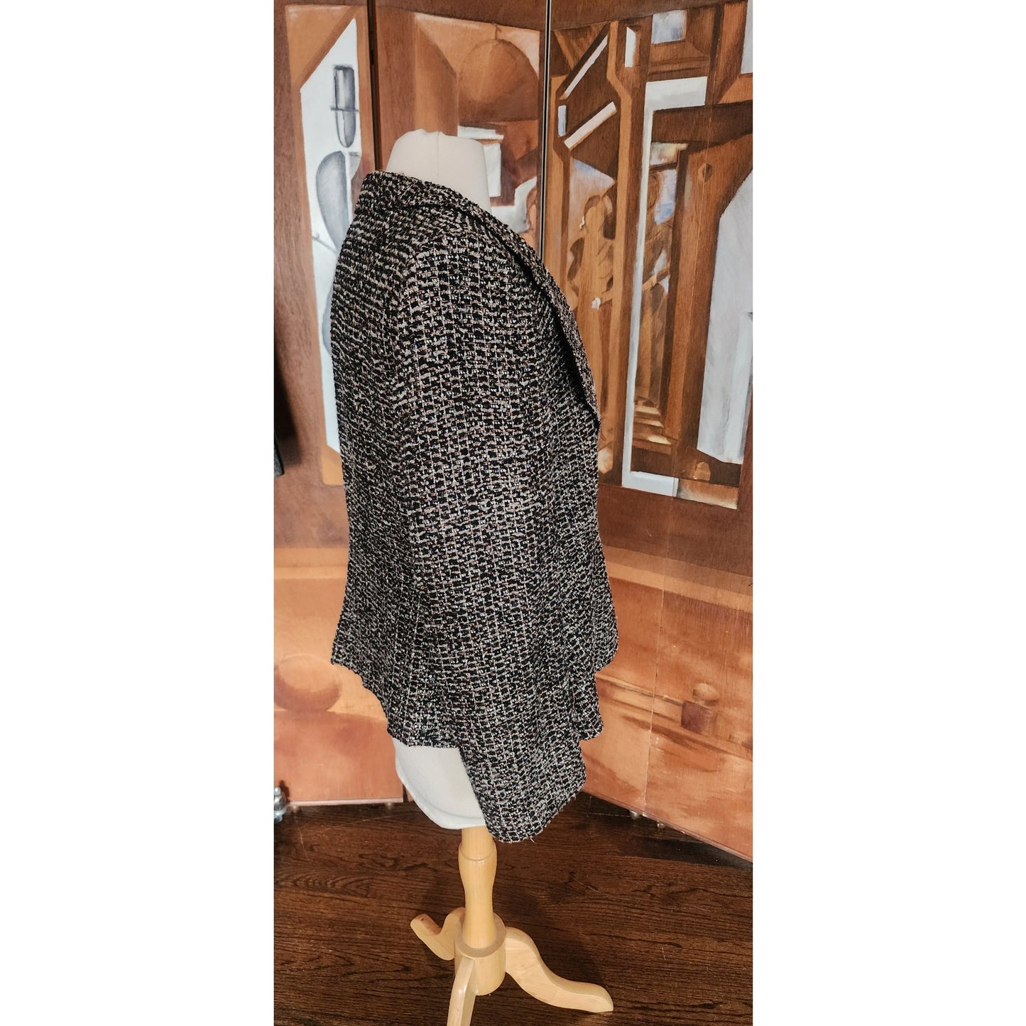 Vintage 2000s Armani Blazer Gray Gold Boucle Tweed Peplum Fitted Jacket / L