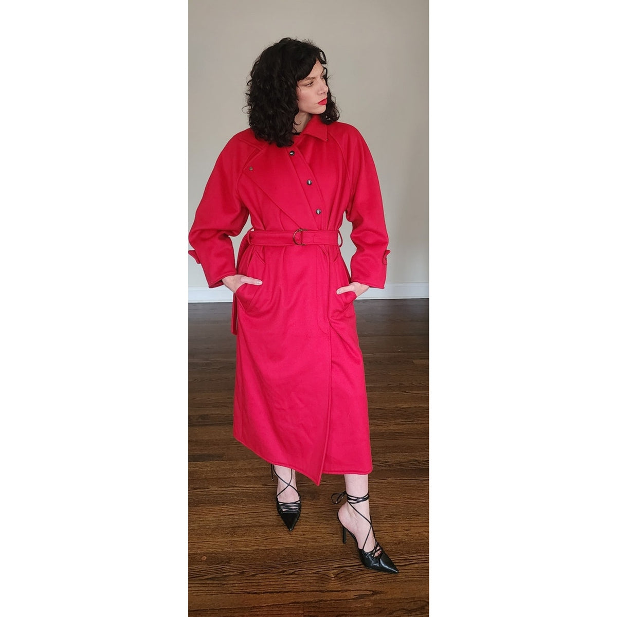 Vintage 80s Red Wool Coat Long w/Belt Ramosport Paris