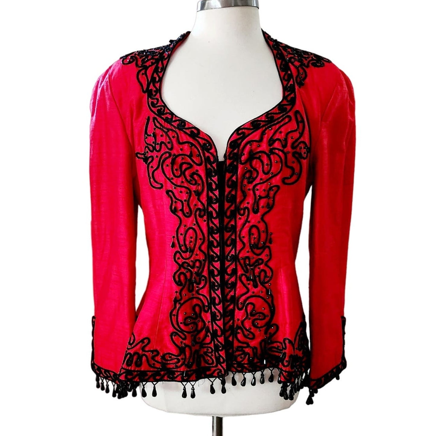 Vintage 80s Victor Costa Blazer Red Silk Black Beads Large