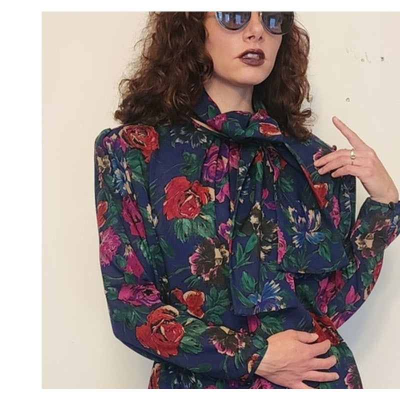 Vintage 1980s UNGARO Sac Dress Dark Floral Print Wool w/Sash Necktie / M