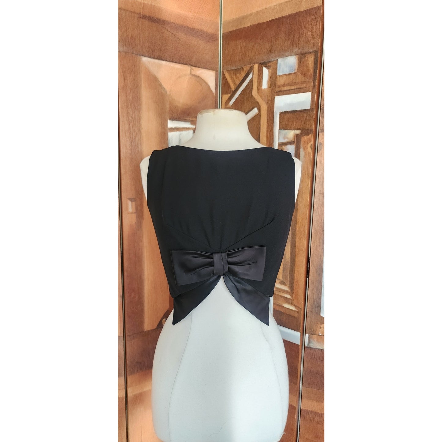Vintage 60s Black Shell Dressy Top w/Large Satin Bow / Medium