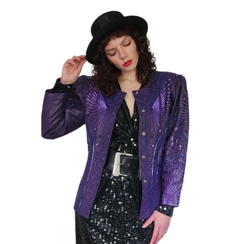 Vintage 80s Purple Leather Blazer Beaded Sequined Jacket French Collizioni / M