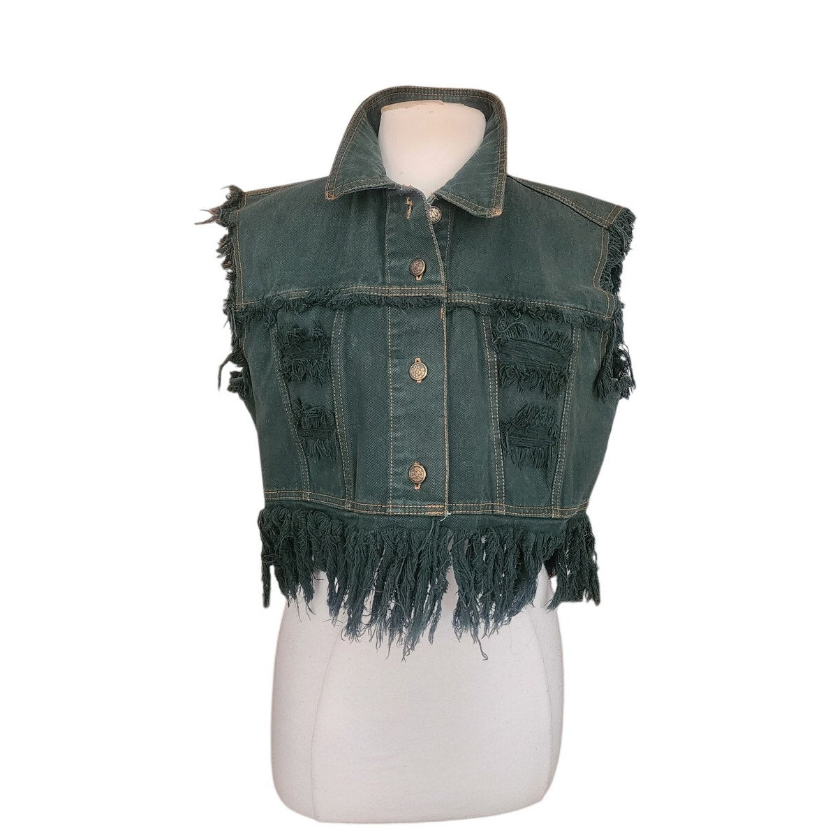 Vintage 80s Distressed Green Denim Vest Cropped Fringed by Navi / L