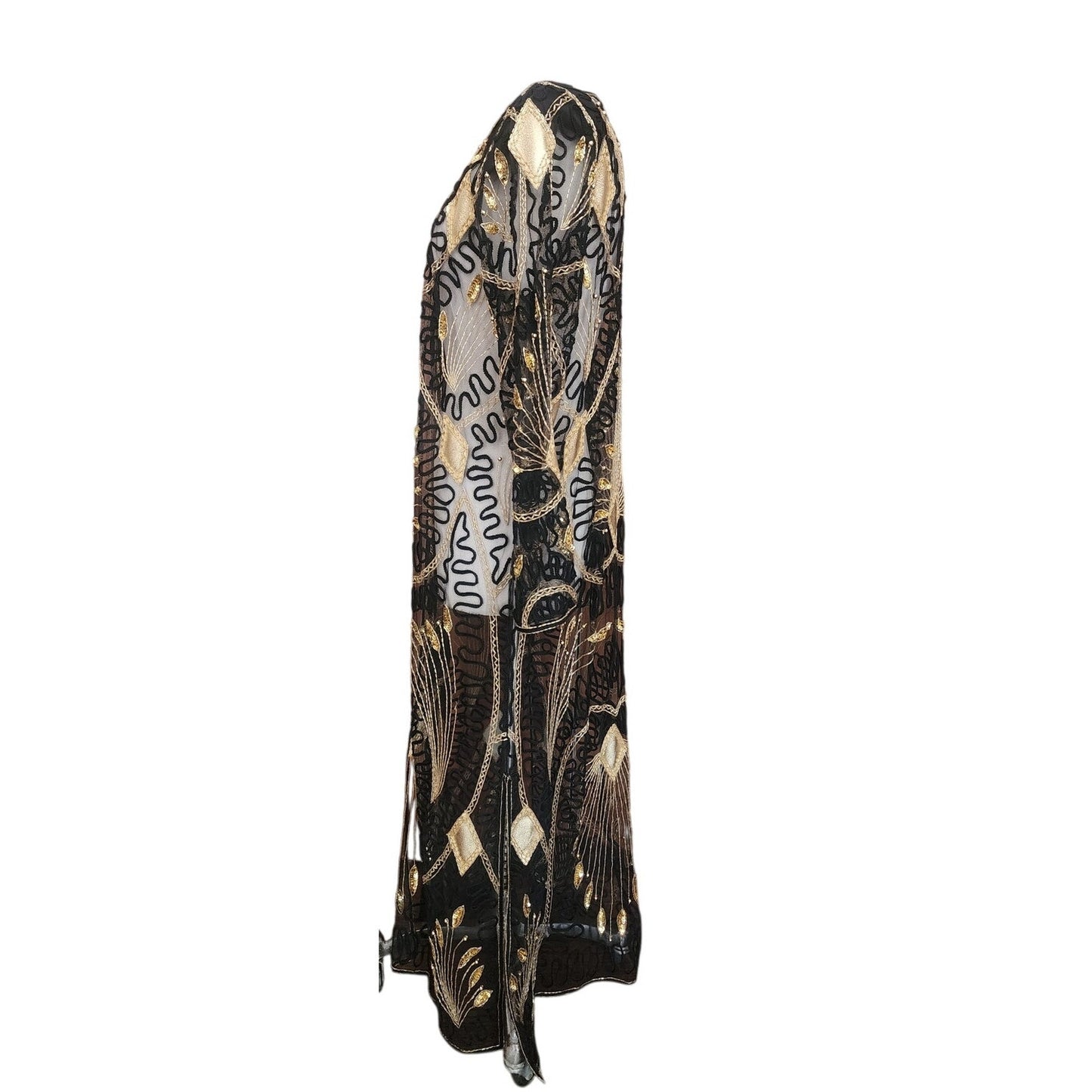 Vintage 80s Tan Chho Duster Sheer Coat Beaded Sequined Embroidered Evening Jacket Black Gold