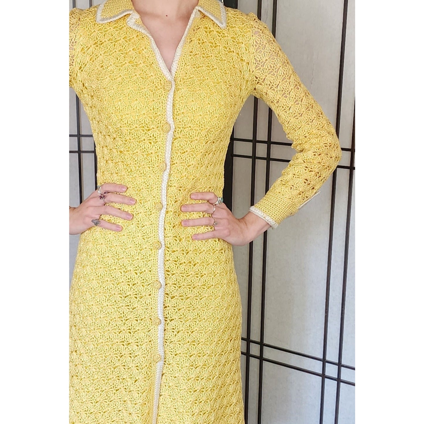 Vintage 60s Yellow Knit Dress Button Down Front Handmade France