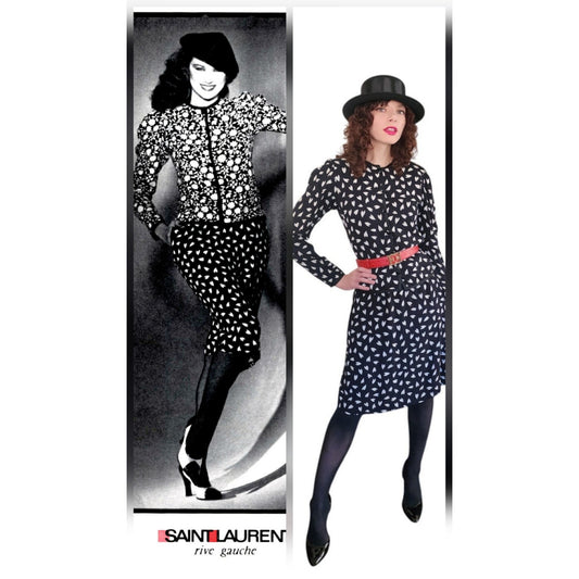 Vintage 1970s Yves Saint Laurent Skirt Suit Heart Print Silk Black White / S