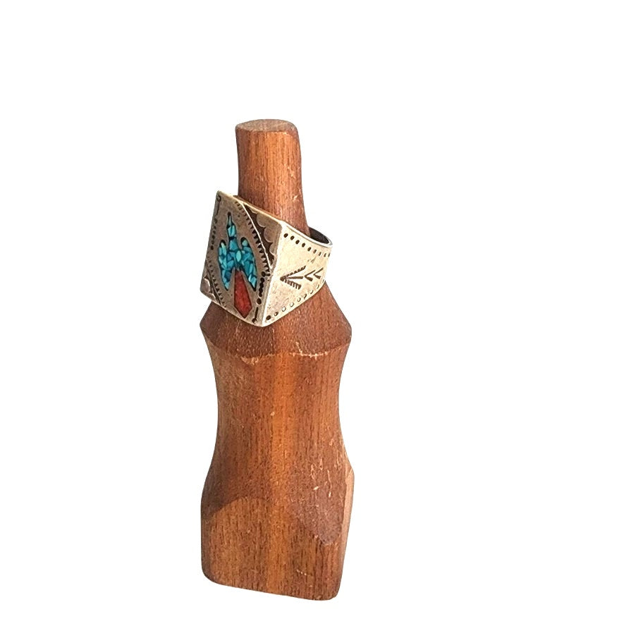 Vintage Mens Ring Native American Sterling Silver Thunderbird Turquoise Coral Chip Mosaic Navajo Inlay