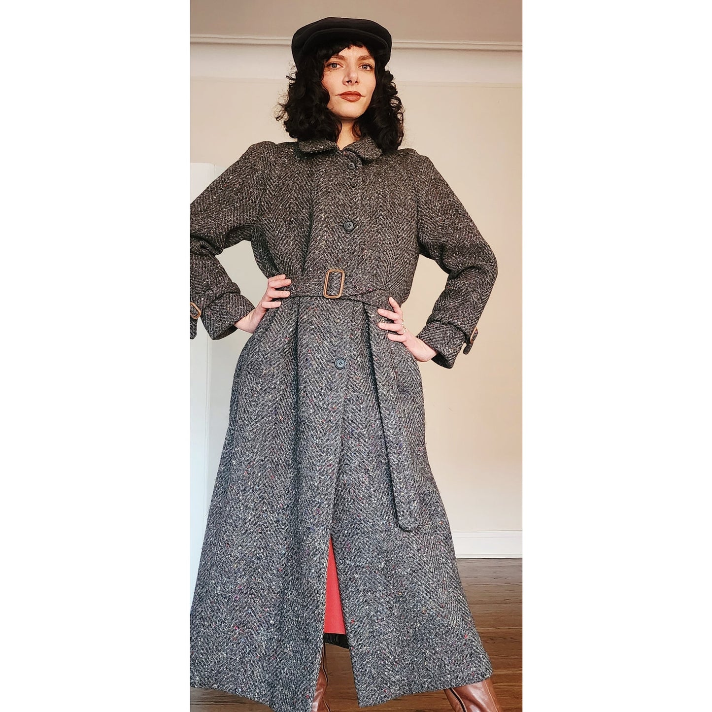 Vintage 1980s Gray Coat Tweed Wool Belted, Long by Huntleigh / Medium
