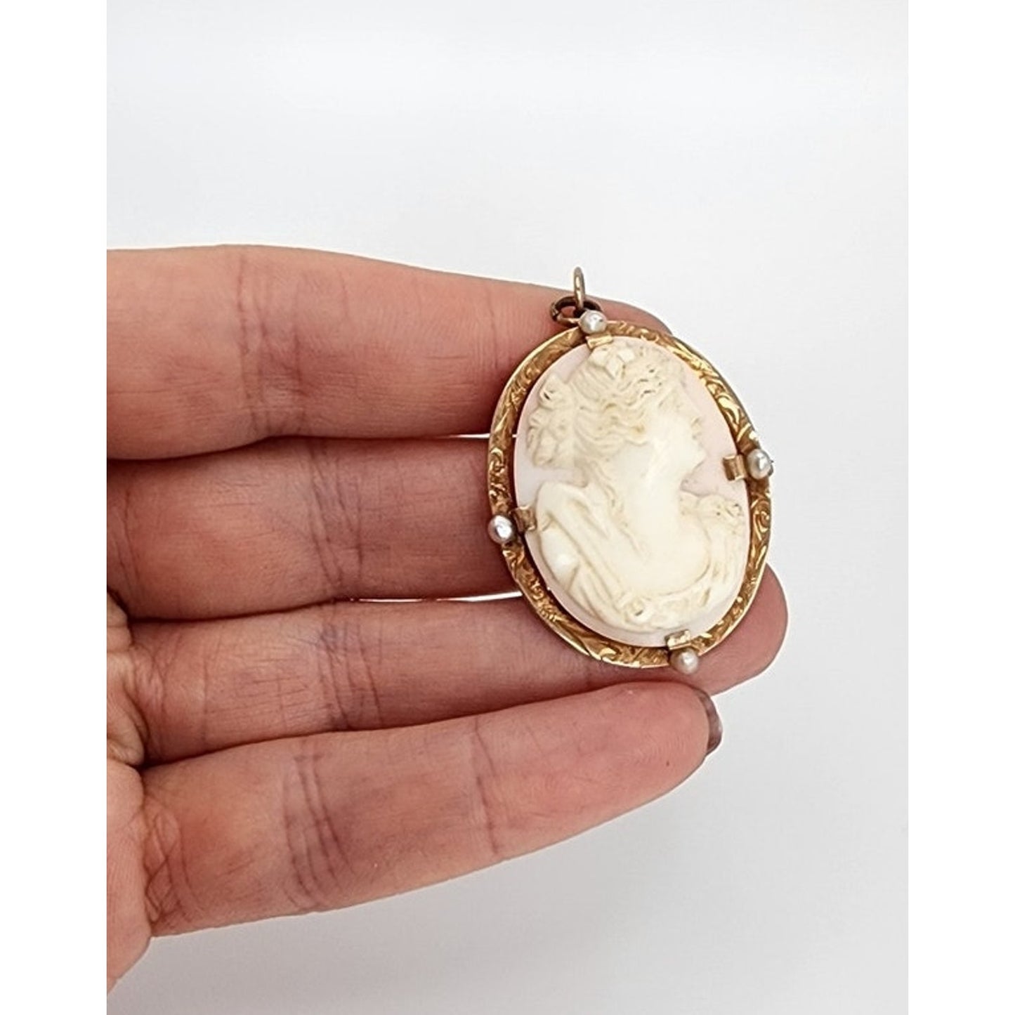 Antique 10K Gold Cameo Pendant Pin Edwardian Lady in Profile