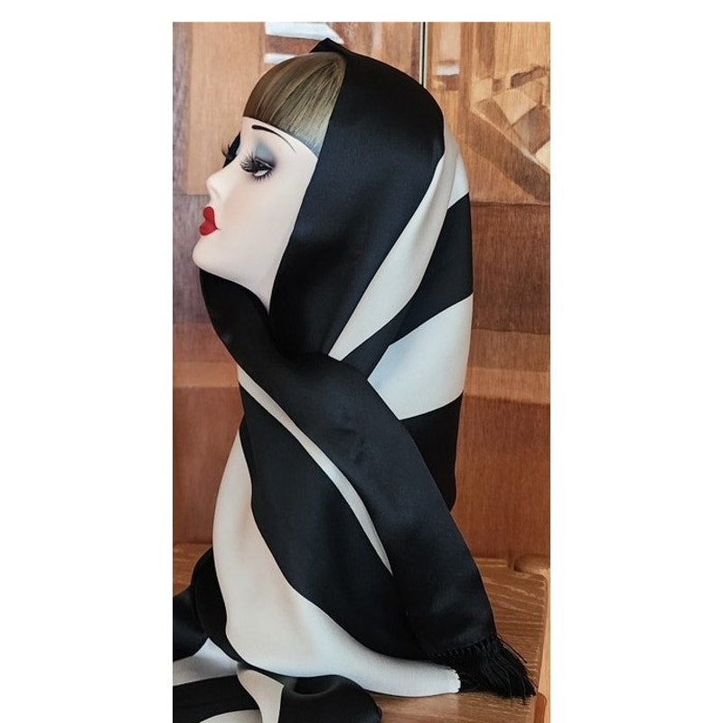 Vintage 40s Liquid Silk Scarf Black White Striped Fringed Peck & Peck Unisex Art Deco Geometric