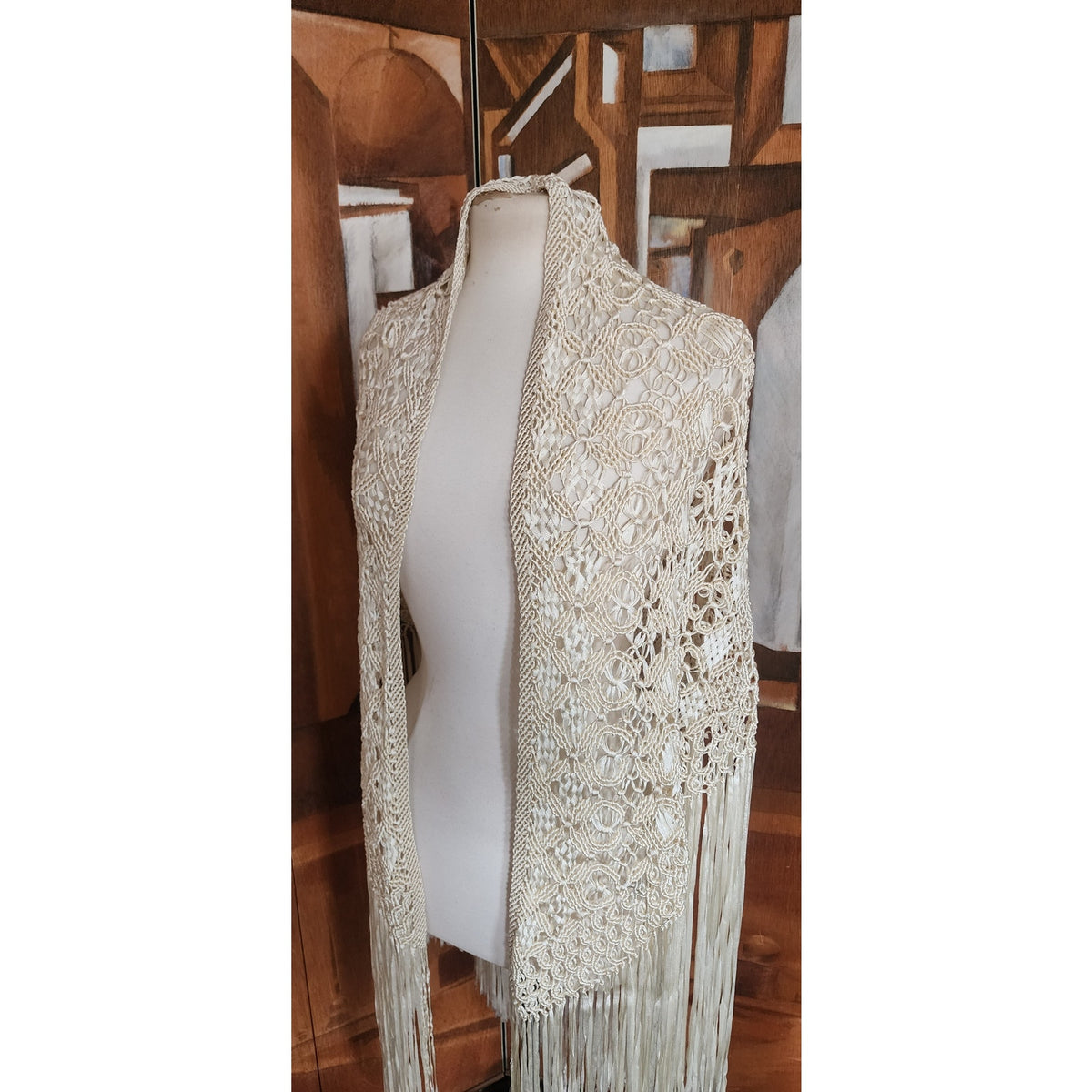 Vintage Cream Crochet Lace Piano Shawl Oversized Macrame Silk Ribbon Wrap Fringed