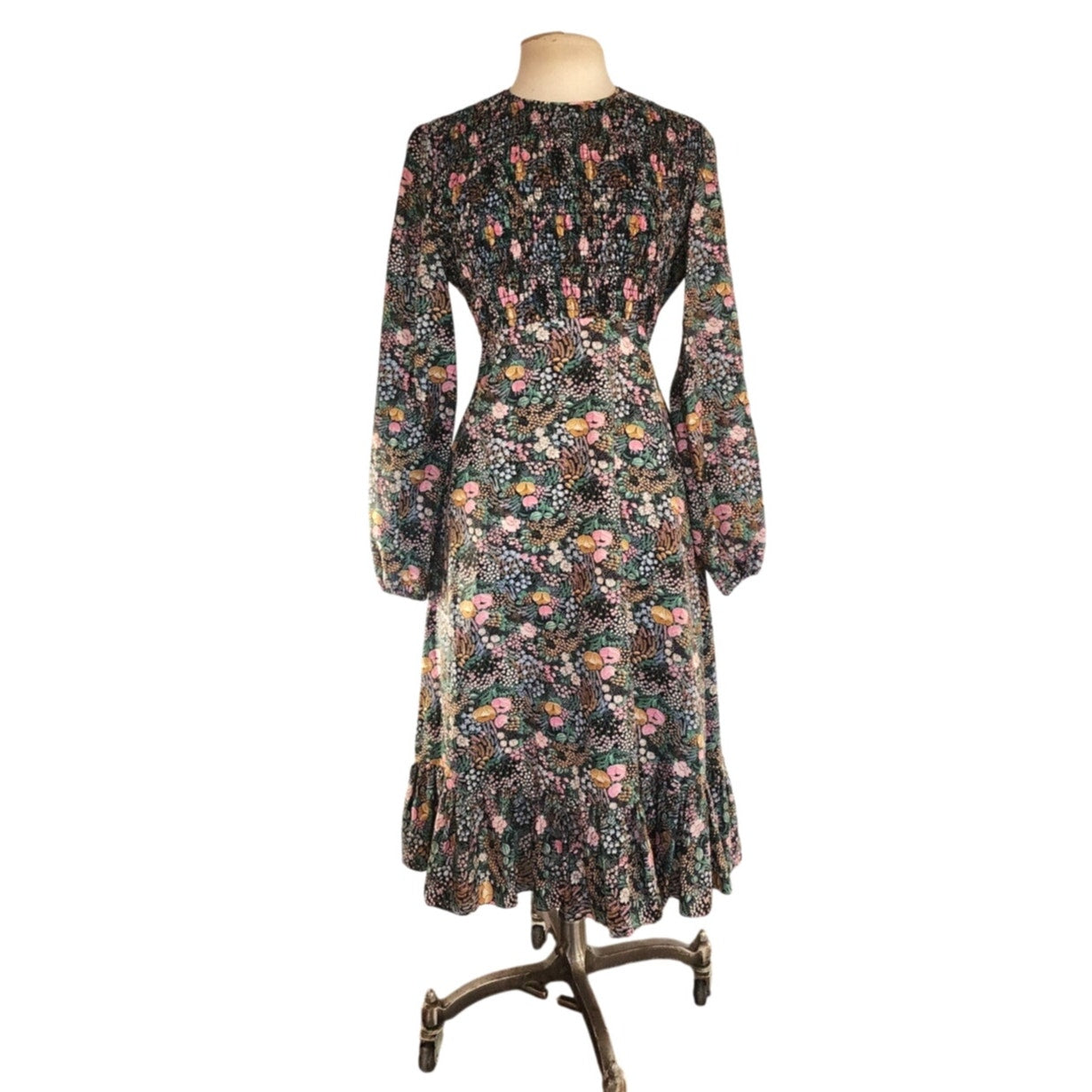 Vintage 70s Floral Print Boho Dress Long Sleeves Leslie J / M