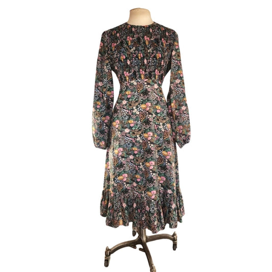 Vintage 70s Floral Print Boho Dress Long Sleeves Leslie J / M
