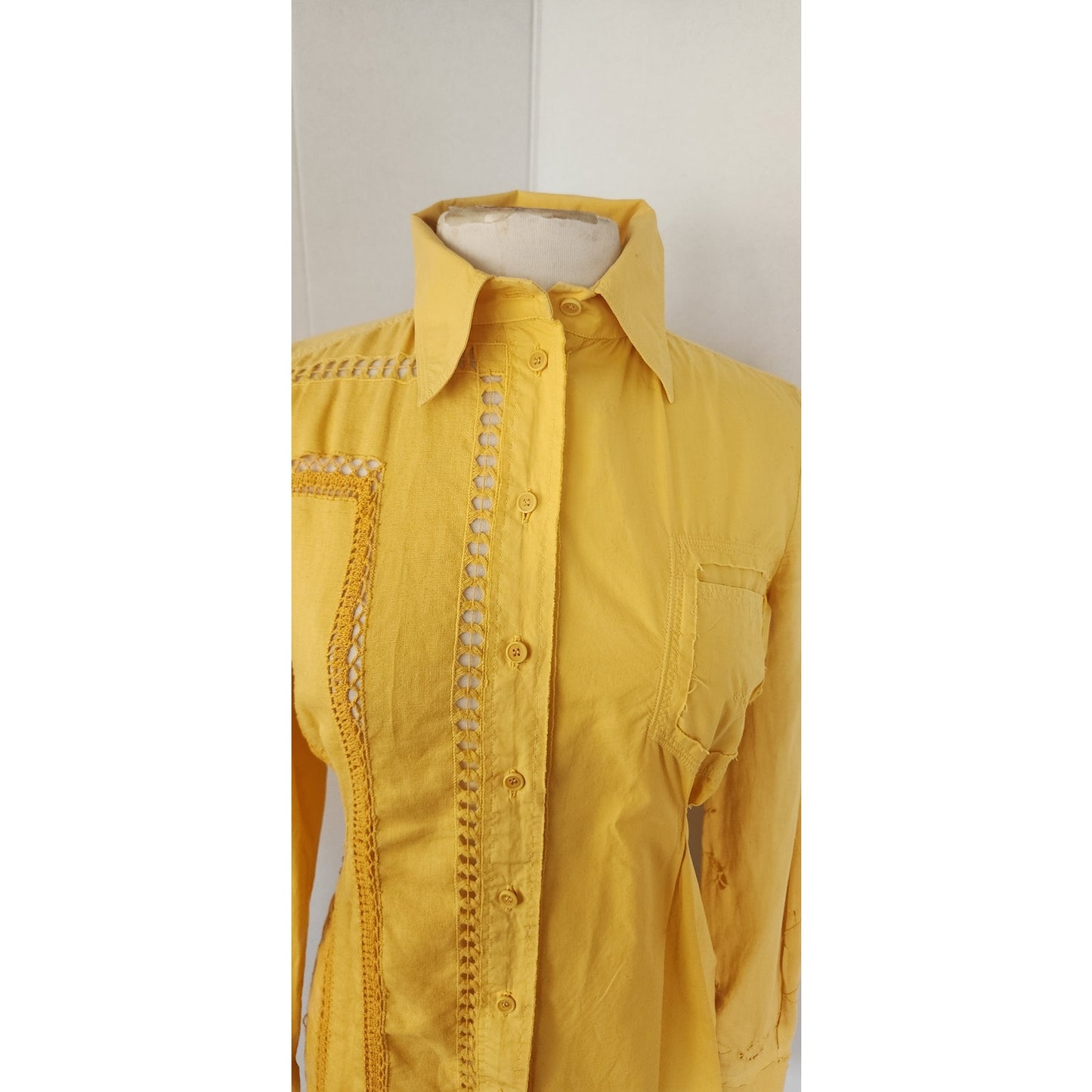 Vintage Yellow Shirt Button Down by Philosophy Alberta Ferretti w/ Crochet Trim Small