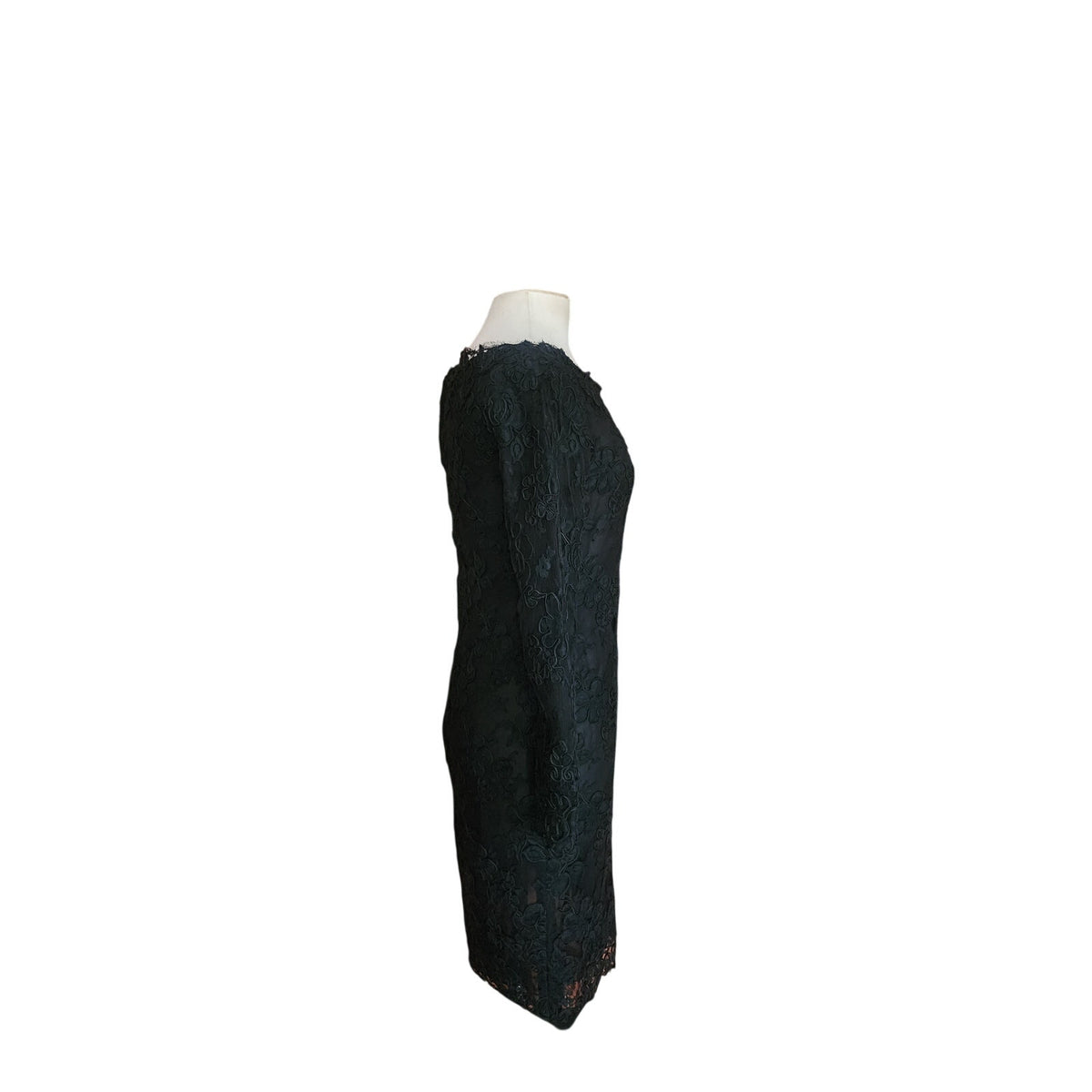 Vintage 1990s Calvin Klein Dress Black Lace Scalloped Boat Neck Long Sleeve Sz 8