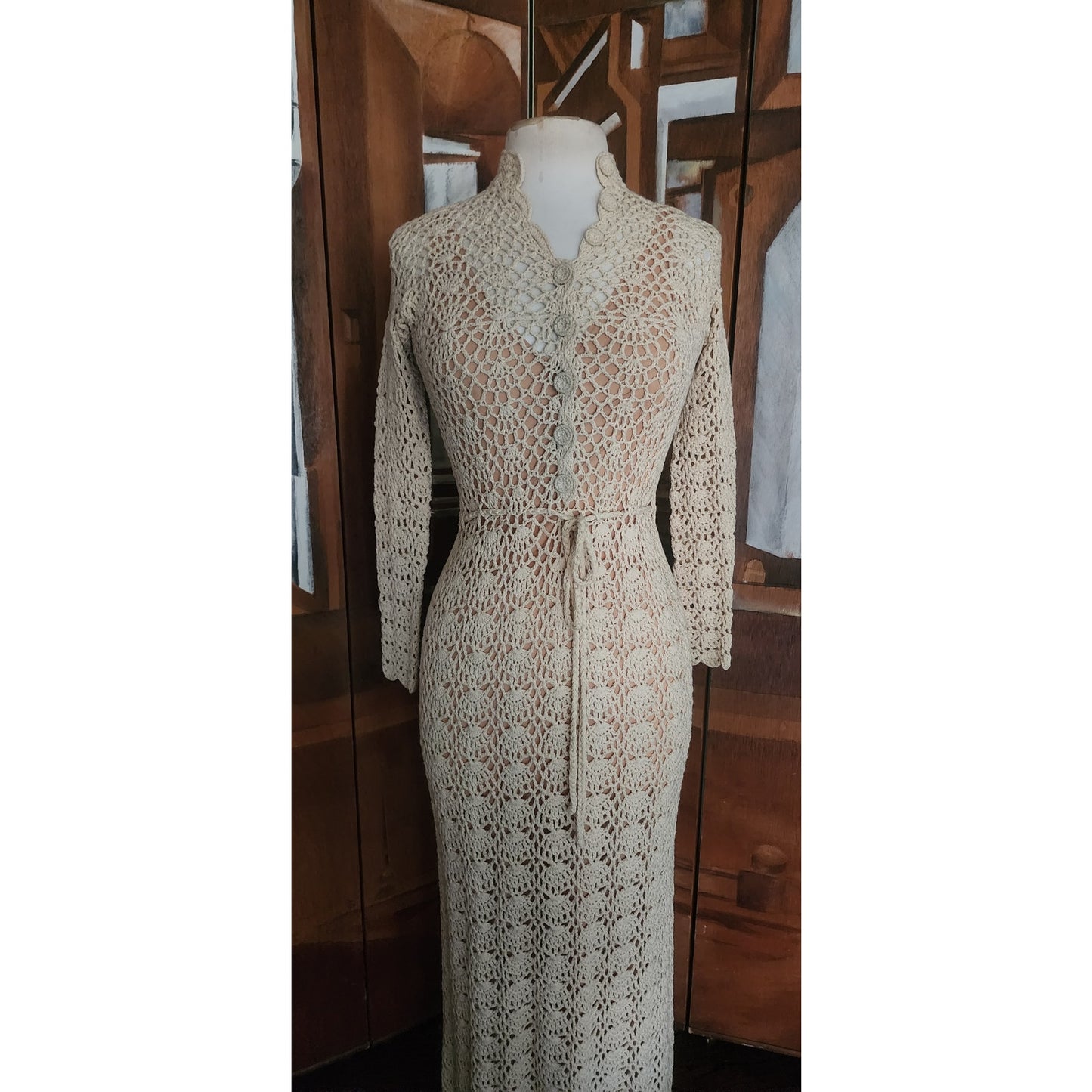 Vintage 1970s Cream Knit Maxi Dress Openwork Crochet Liner Long Sleeved Belted