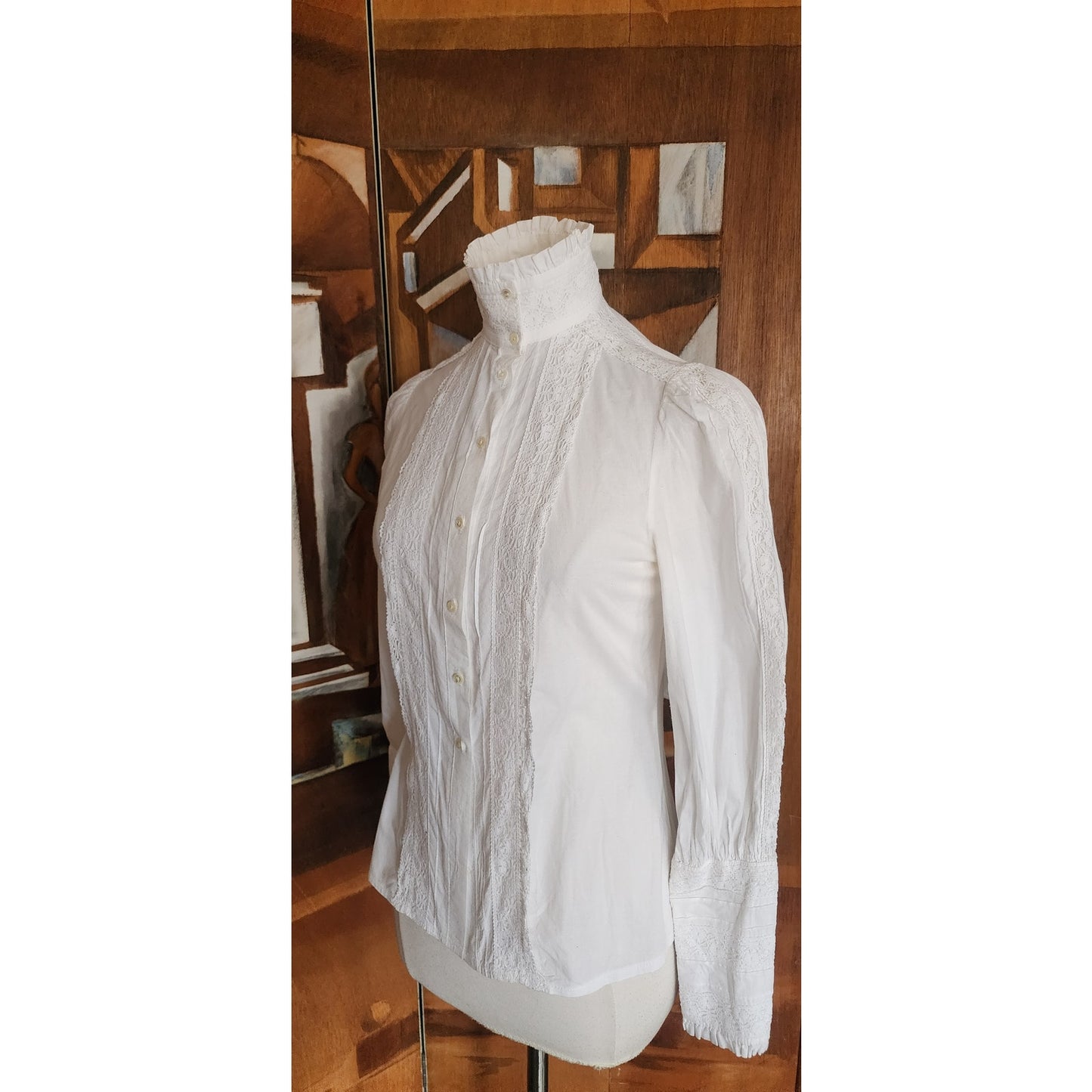 Vintage 80s LAURA ASHLEY White Ruffled Front Blouse Crochet Lace Button Down Shirt High Neckline