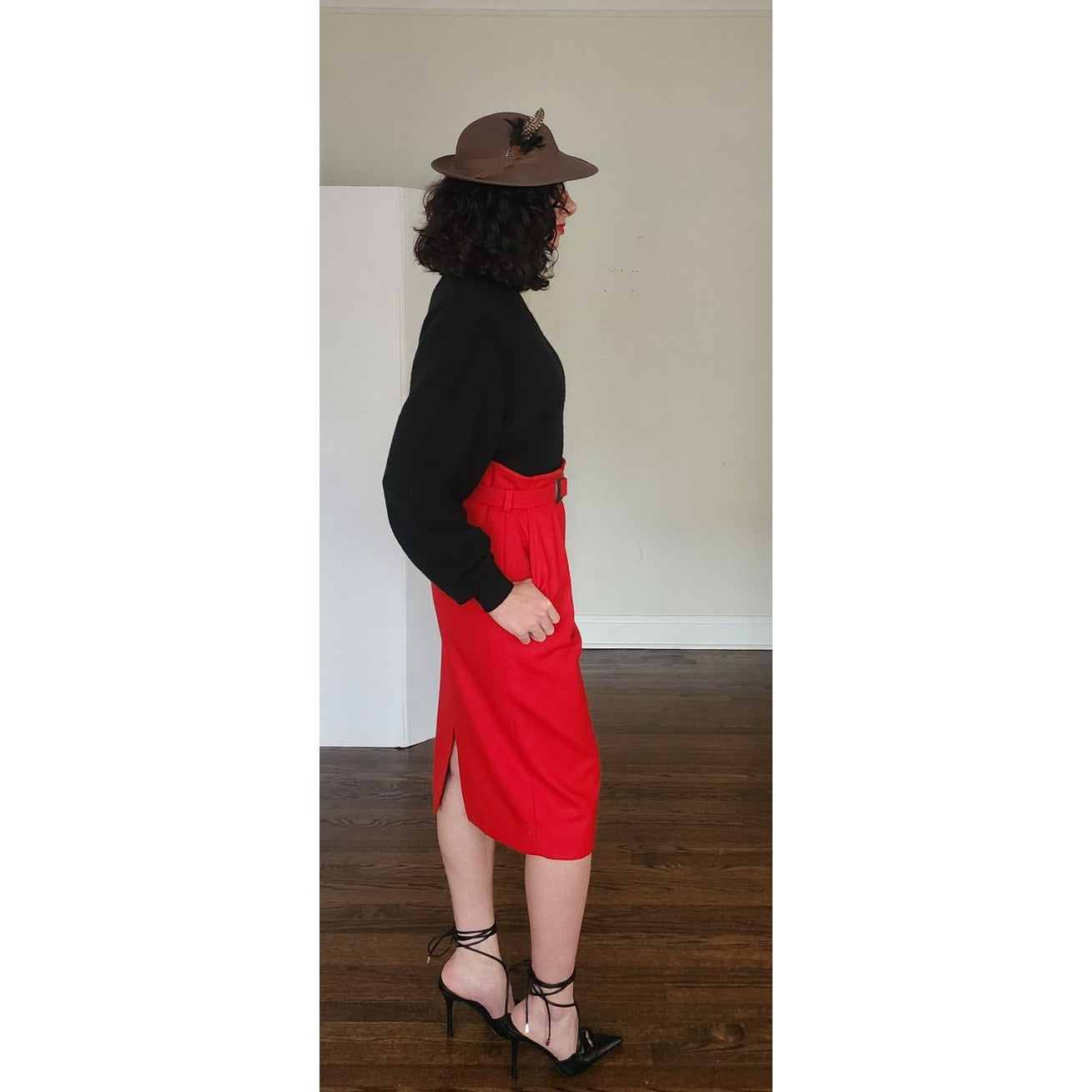 Vintage 1980s Red Wool Knee Skirt Guy Laroche Boutique Paperbag Waist + Belt