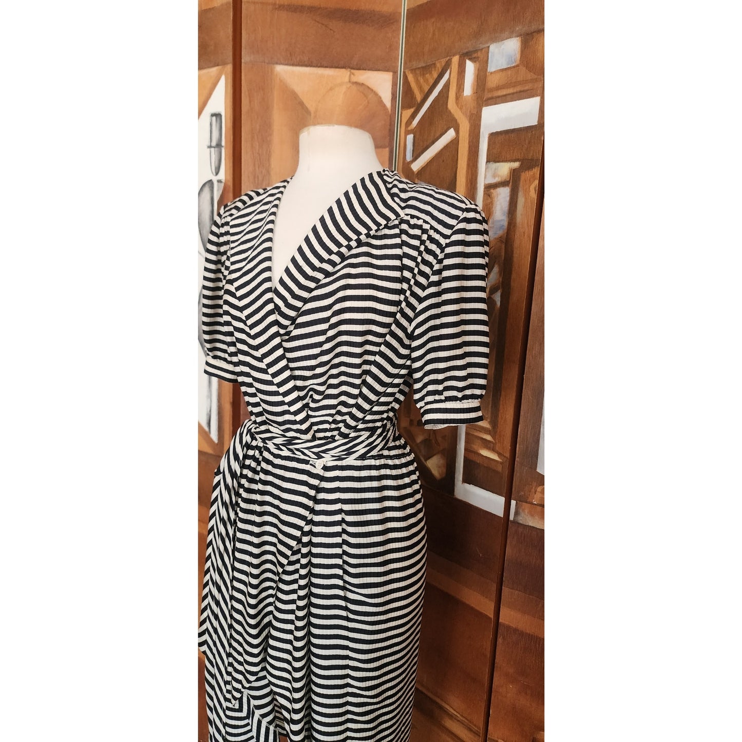 Vintage 1980s Archival Armani Dress Silk Striped Wrap Midi  White Label IT 38