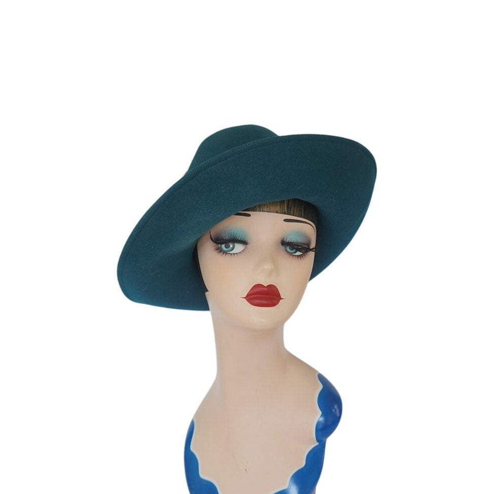 Vintage 1970s Teal Blue Wool Hat w/Large Feather by Gotham NWT