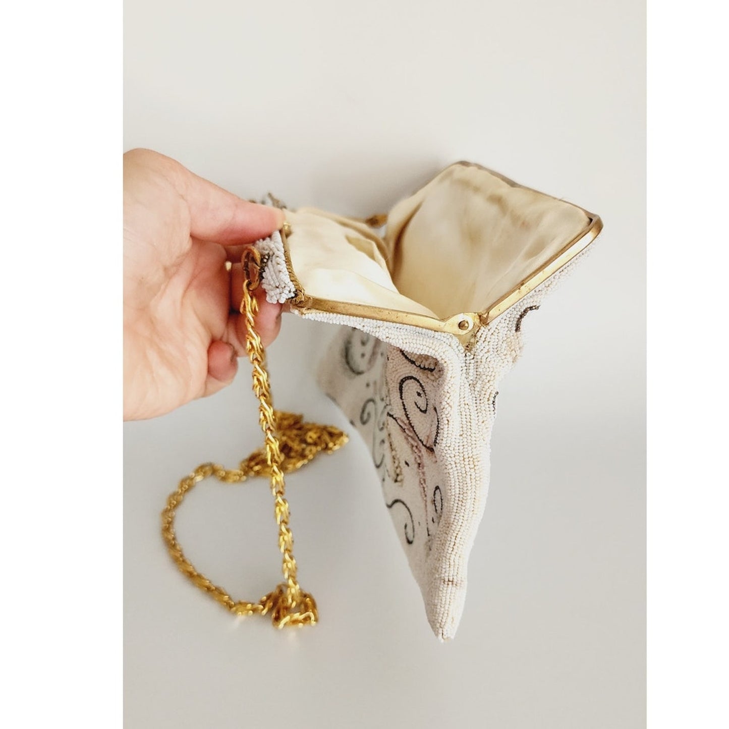 Vintage 50s Evening Bag in White Microbeads France Elaborate Scrollwork Octopus