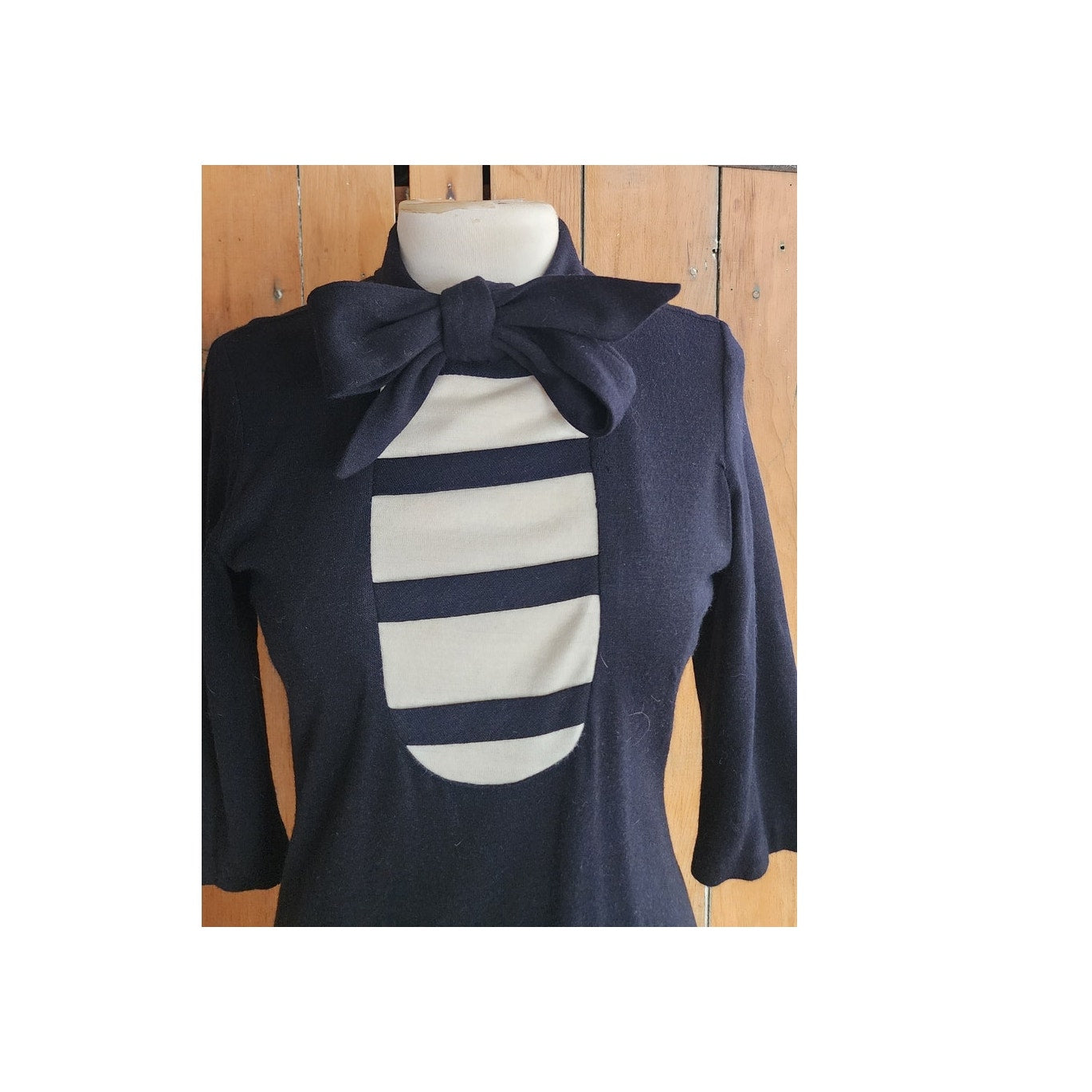 Vintage 1960s Mod Dress Black White Stripe Ascot Tie  Stretchy / Medium