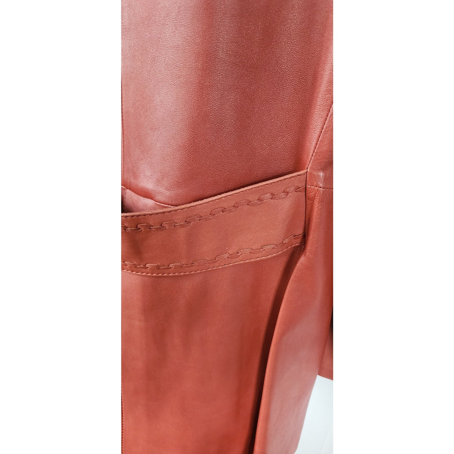 Vintage 70s Brown Leather Coat Hip Length Double Breasted / L