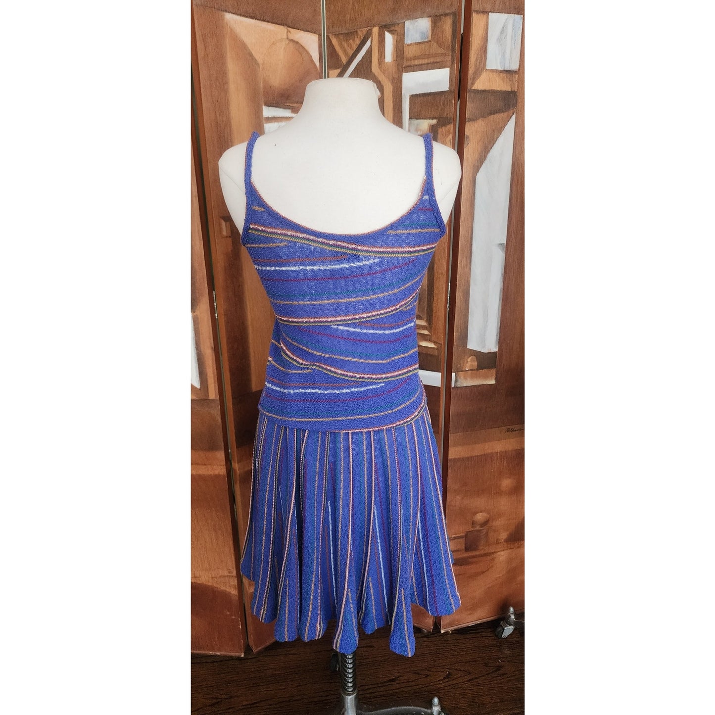 Vintage 1980s Missoni Set Knit Camisole Top Pleated Skirt Blue Stripe I Magnin