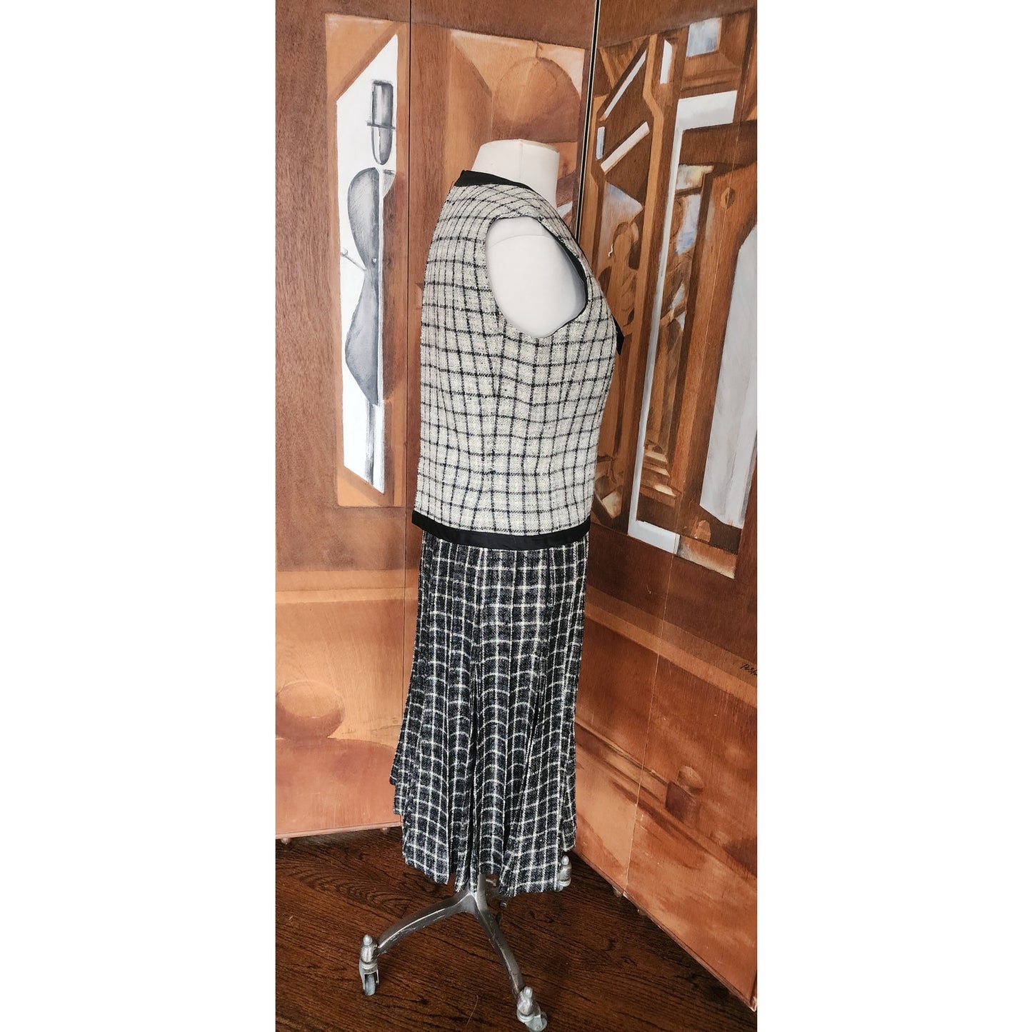Vintage 1960s Mod Suit Pleated Midi Skirt + Top Gray Black Wool Tweed Geometric Schoolgirl