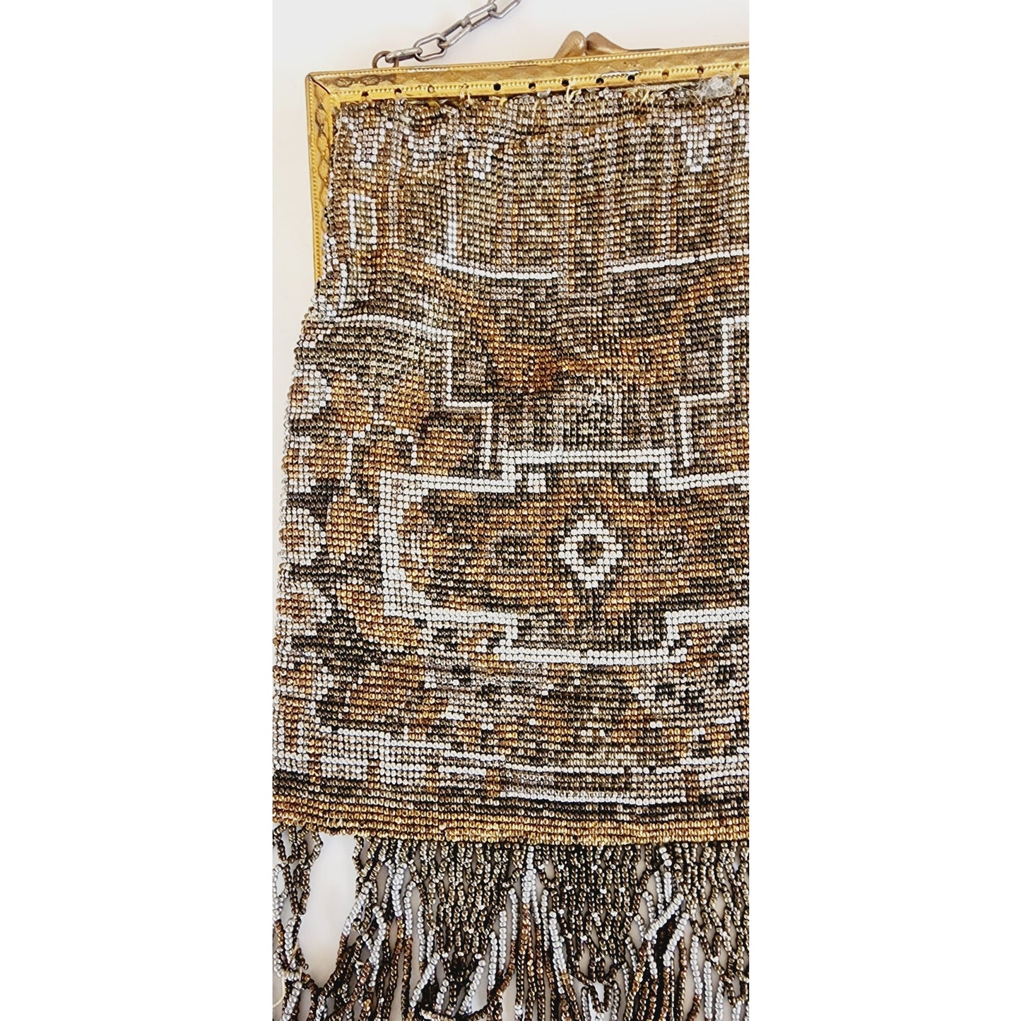 Edwardian Evening Bag Silver Gold Beading Fringe Dressy Purse