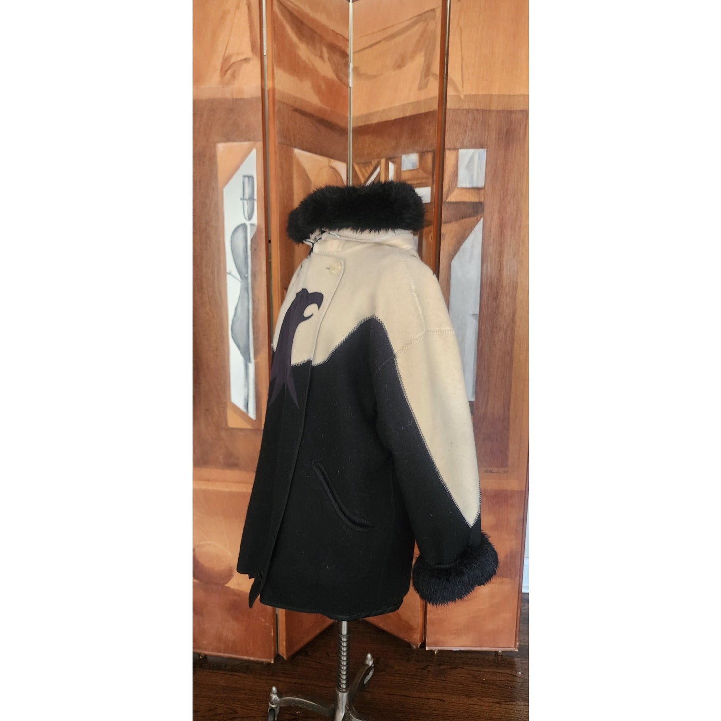 Vintage 1980s Linda Lundstrom La Parka Guardian Eagle Coat Art to Wear Hooded Faux Fur + Liner