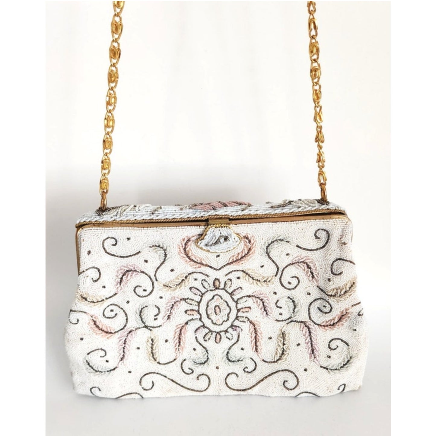 Vintage 50s Evening Bag in White Microbeads France Elaborate Scrollwork Octopus