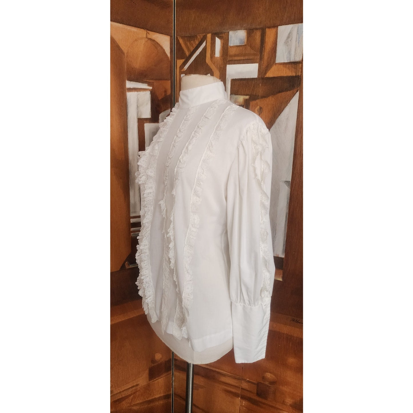 Vintage 70s White Lace Ruffled Front Shirt Long Sleeved Poet's Blouse / M