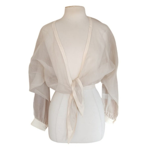 Vintage 90s White Sheer Organza Silk Blouse Tie Front Summer Jacket Victoria March Chicago