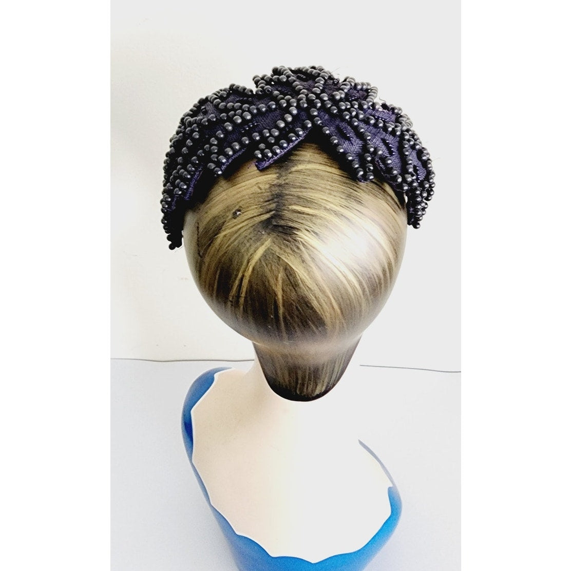 Vintage 50s Eggshell Style Hat Navy Blue Beaded Fascinator  Jeanette Gaffin