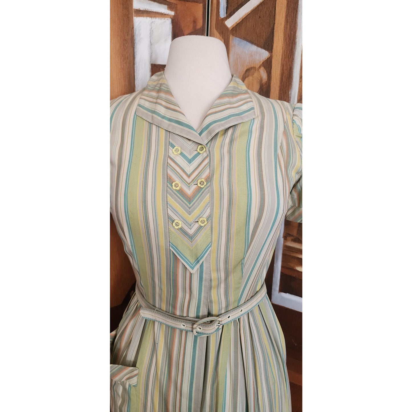 Vintage 40s 50s Pastel Green Blue Striped Day Dress w/Pocket & Belt Short Sleeves