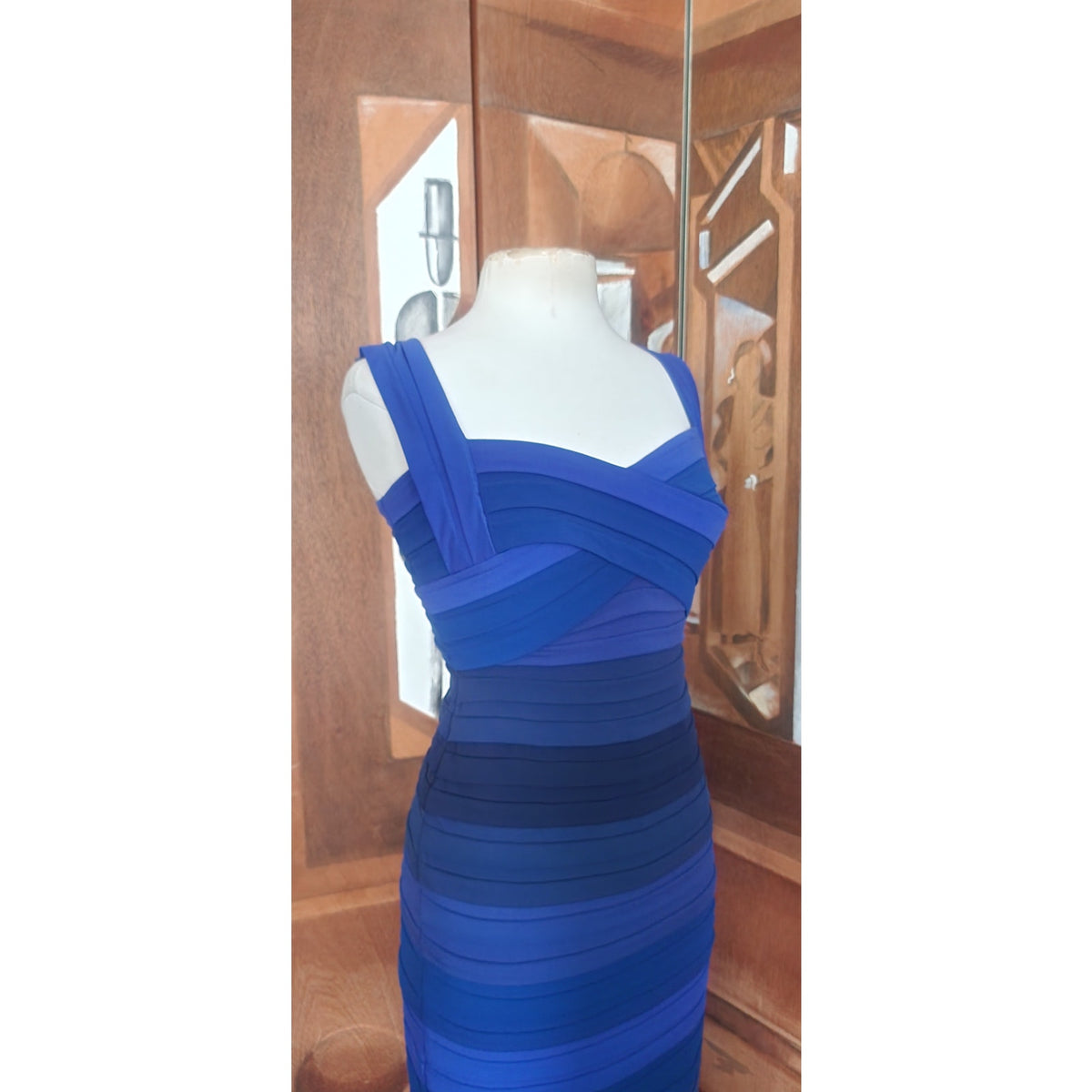 Vintage Y2k Tadashi Dress Blue Bandage Style Bodycon Sleeveless Stripe Small