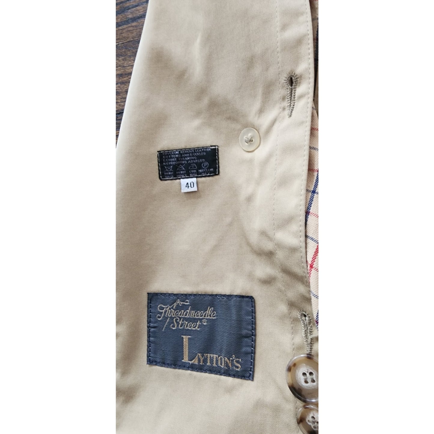 Vintage 80s Lytton's Threadneedle Chicago Mens Beige Trench Rain Coat Belted Wool Collar