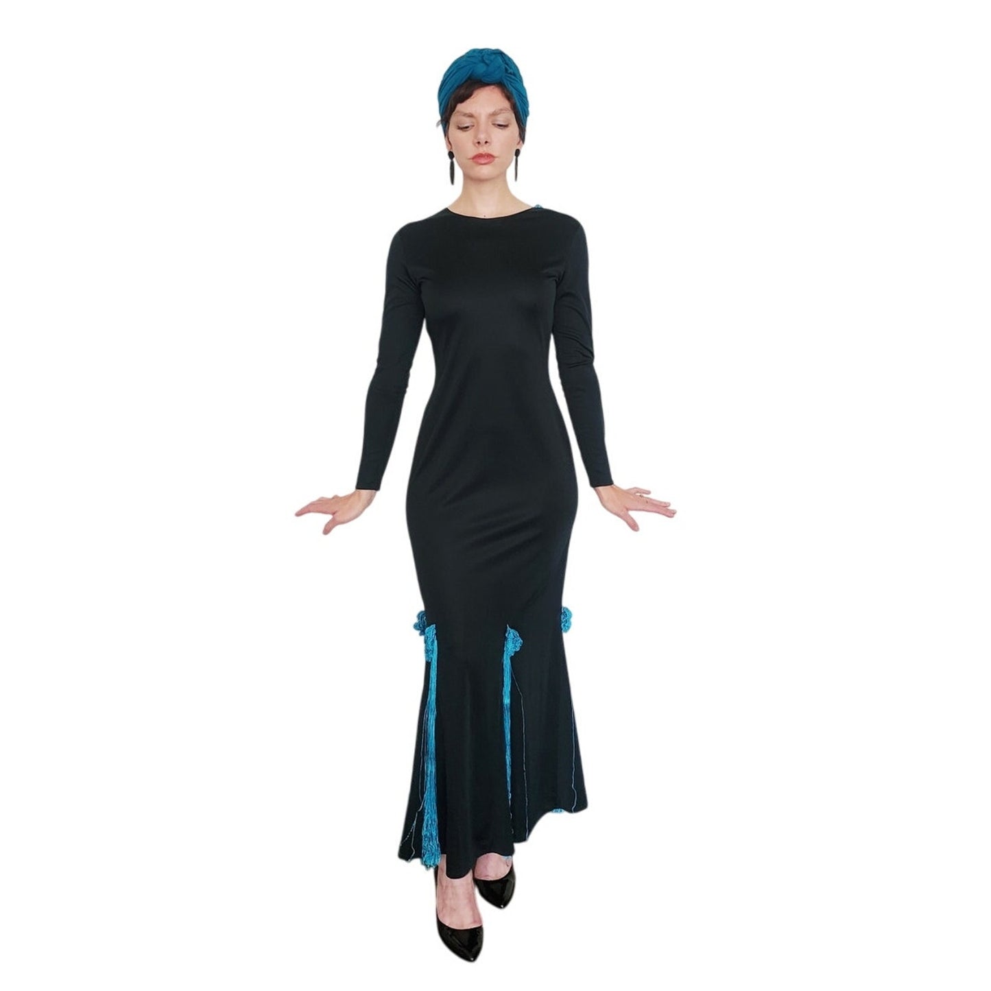 Vintage 80s Evening Dress Black w/Turquoise Knit Open Back Fishtail Skirt Victoria March Chicago