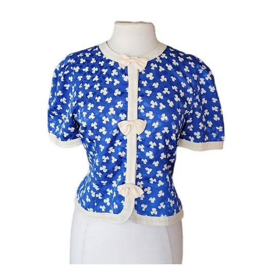 Vintage 80s Graphic Blouse w/Bows Blue & White Petites for Maggy