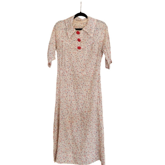 Vintage 30s Silk Day Dress Short Sleeves Speckled Floral Print Large Red Buttons