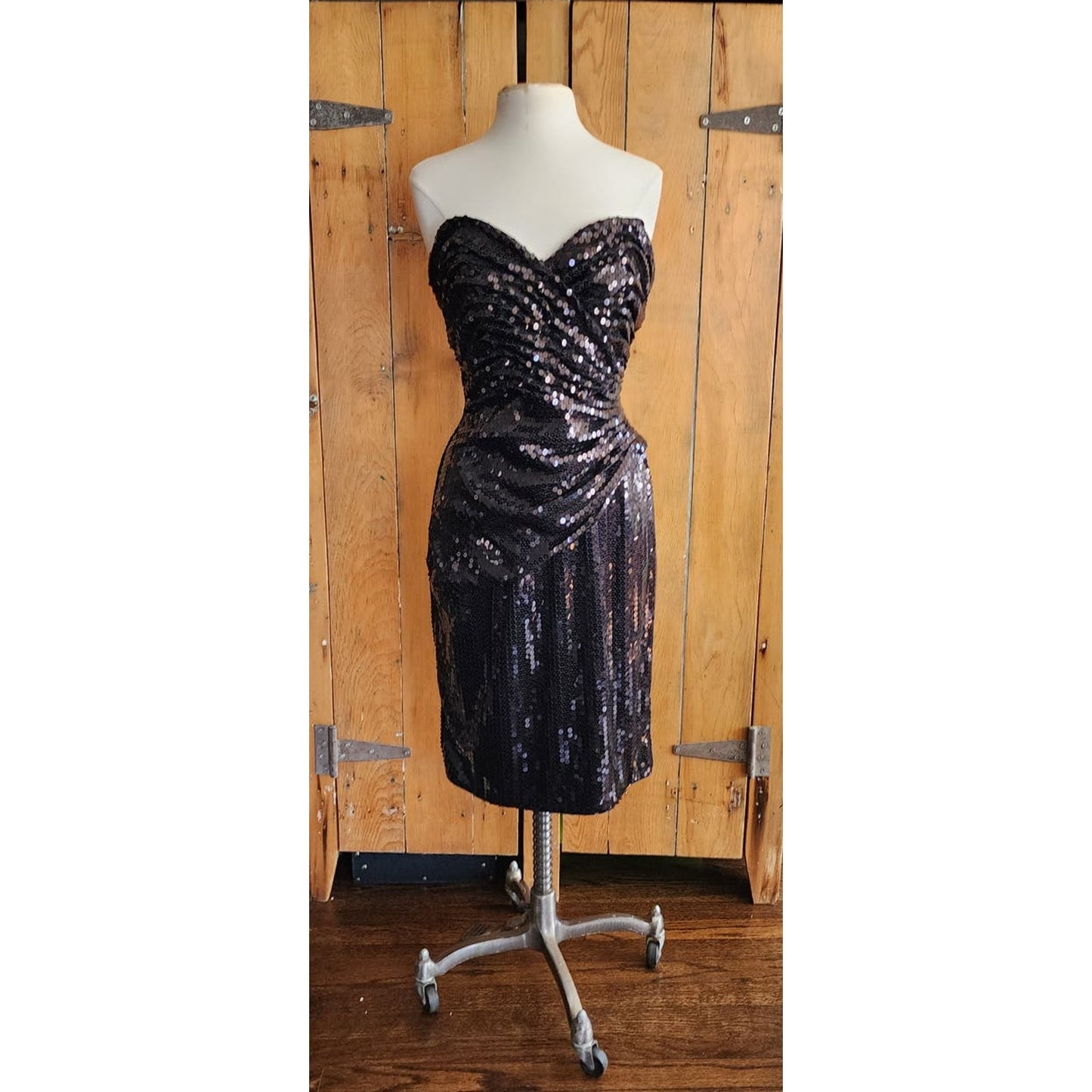 Vintage 80s Tadashi Strapless Dress Black Sequins Ruched Waist