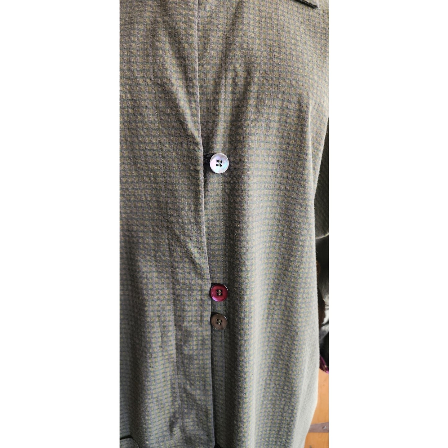 Vintage Su Zen Green Dress Button Down Front Seersucker