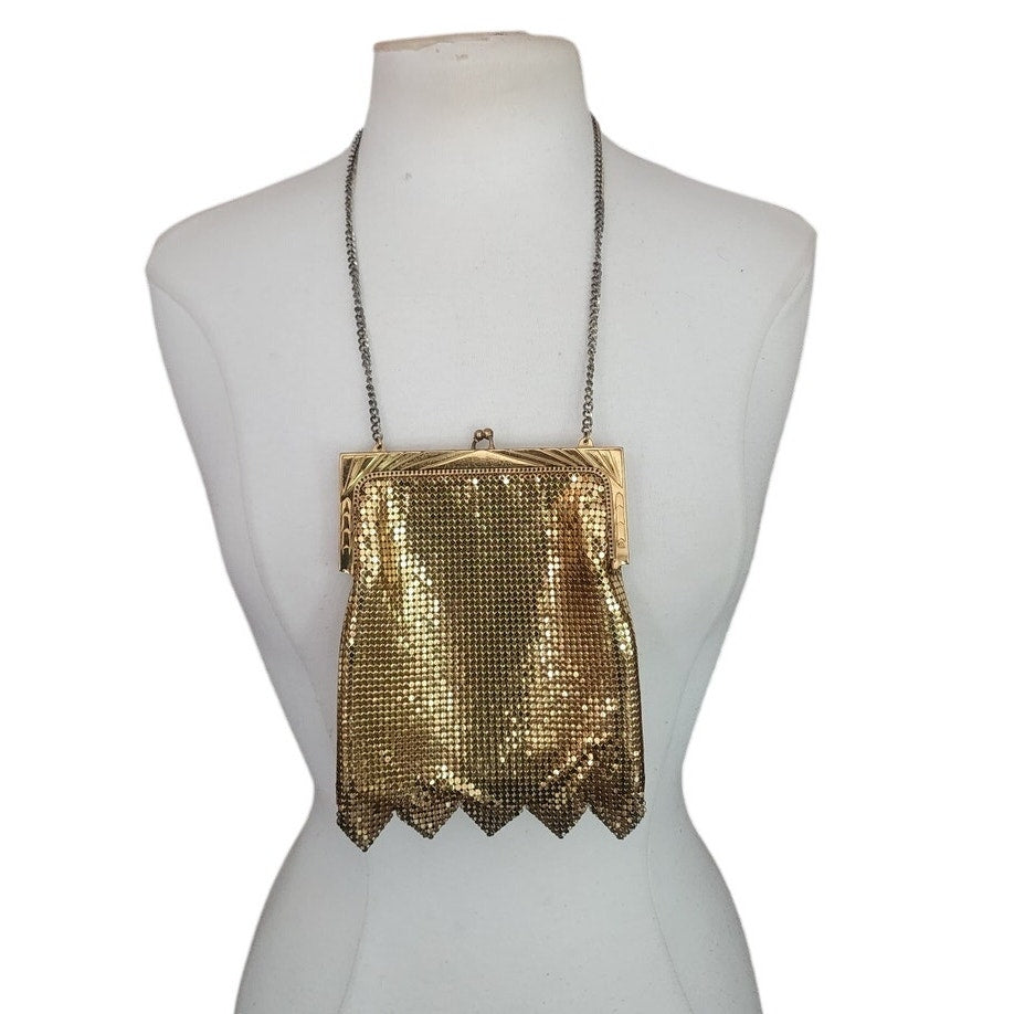 Vintage 50s Whiting & Davis Gold Mesh Bag Dressy Evening Purse Scallop Hem Art Deco Frame