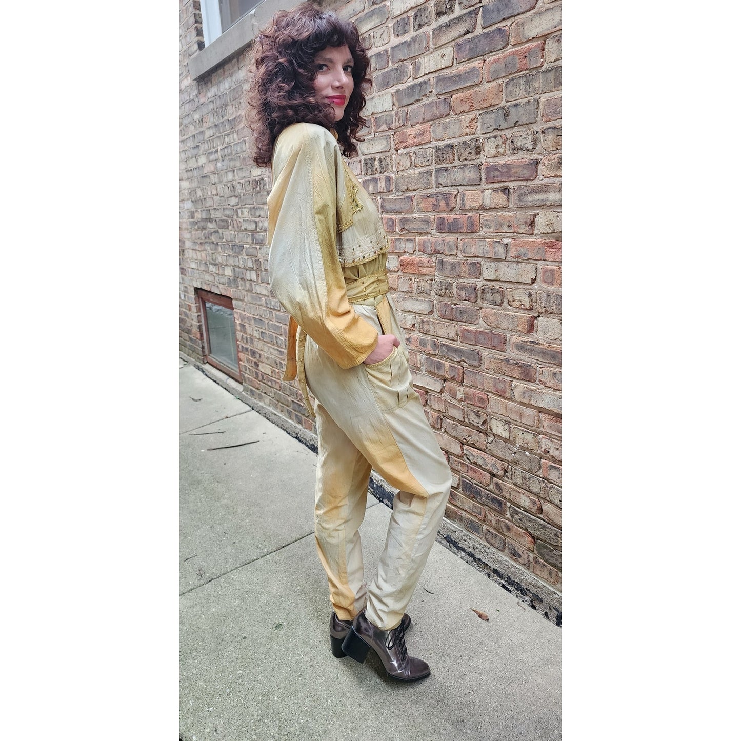 Vintage 80s Jumpsuit Yellow Gold Ombre w/Embroidered Studs Varda Garfinkel