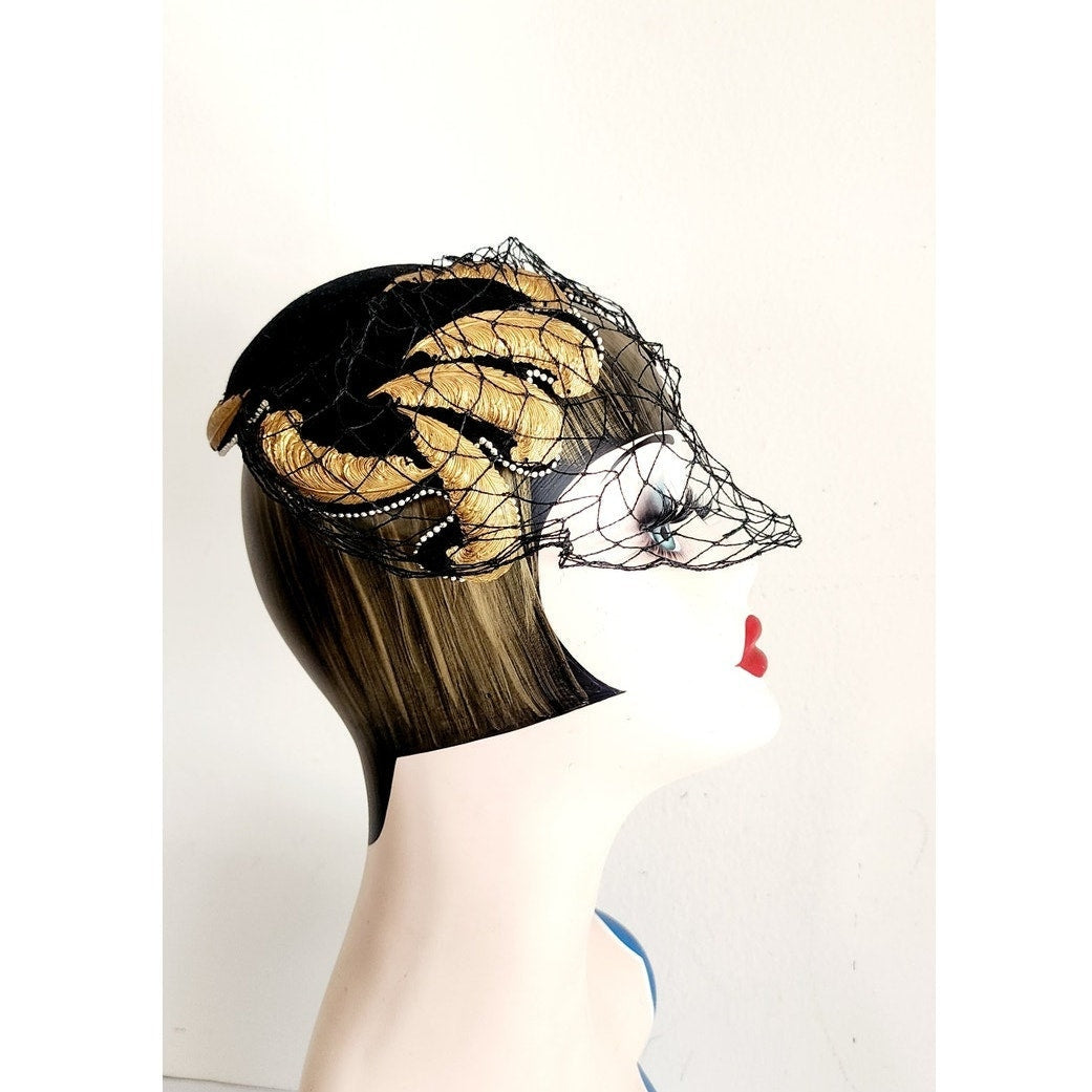 Vintage 50s Bes-Ben Hat Black Wool Gold Feather Veil Chicago Millinery OOAK