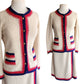 Vintage 60s Adolfo Skirt Suit Cream Blue Red  Knit in Chanel Style