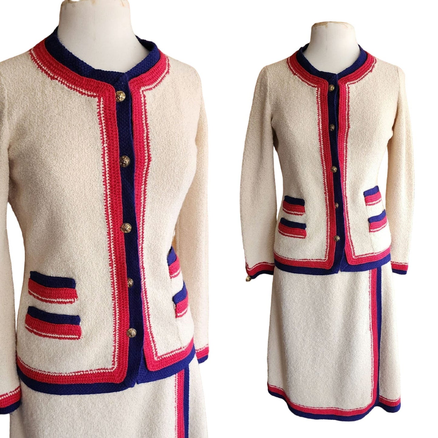 Vintage 60s Adolfo Skirt Suit Cream Blue Red  Knit in Chanel Style